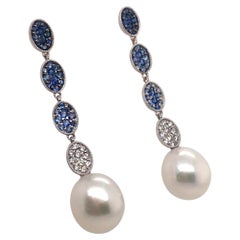Sapphire Ombree Diamond South Sea Pearl Drop Earrings 1.72 Carat 18 Karat