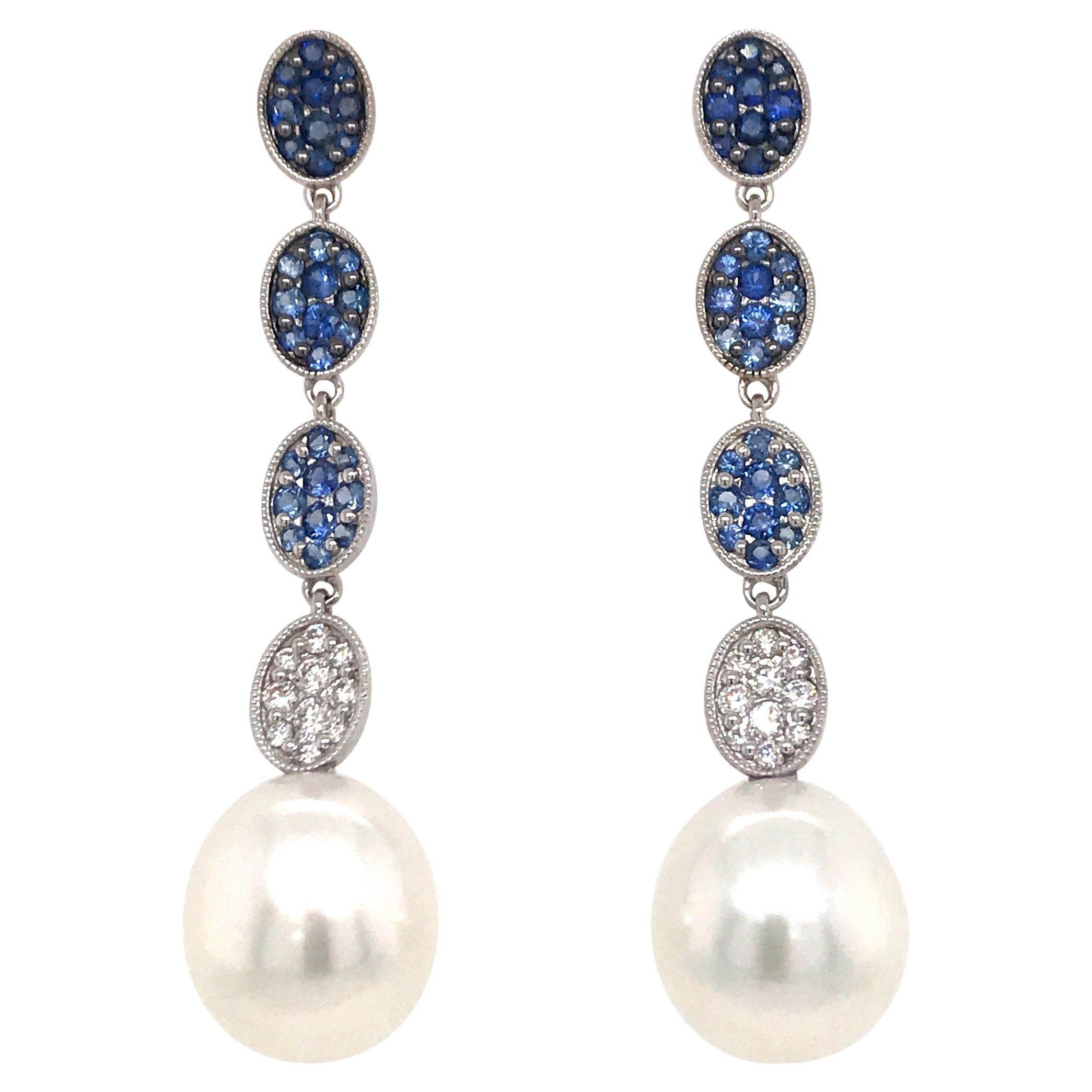 Sapphire Ombree Diamond South Sea Pearl Drop Earrings 1.72 Carat 18 Karat