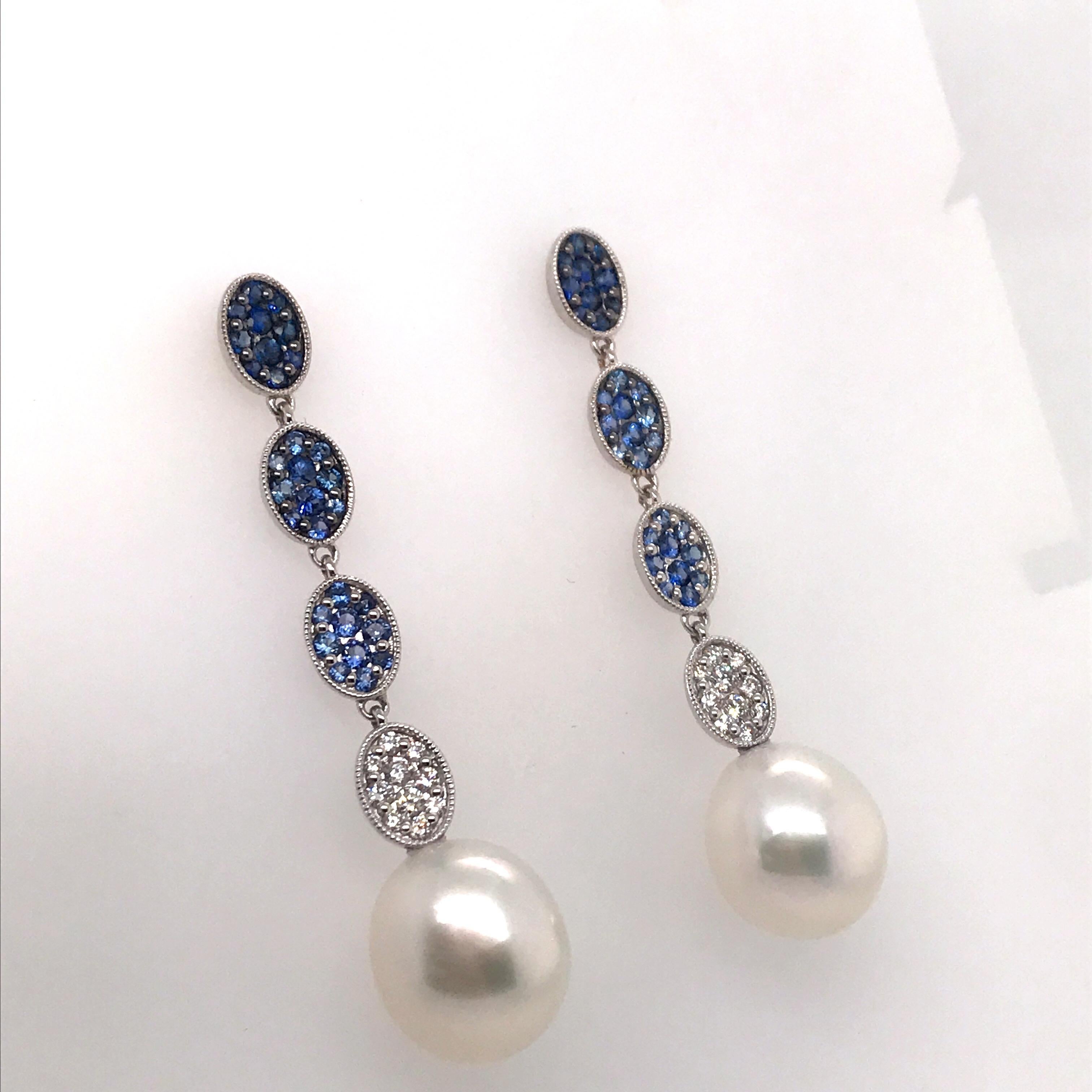 Contemporary Sapphire Ombree Diamond South Sea Pearl Drop Earrings 1.72 Carat 18 Karat For Sale