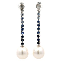 Sapphire Ombree South Sea Pearl Drop Earrings 2.24 CTS 13-14 MM 18KT White Gold