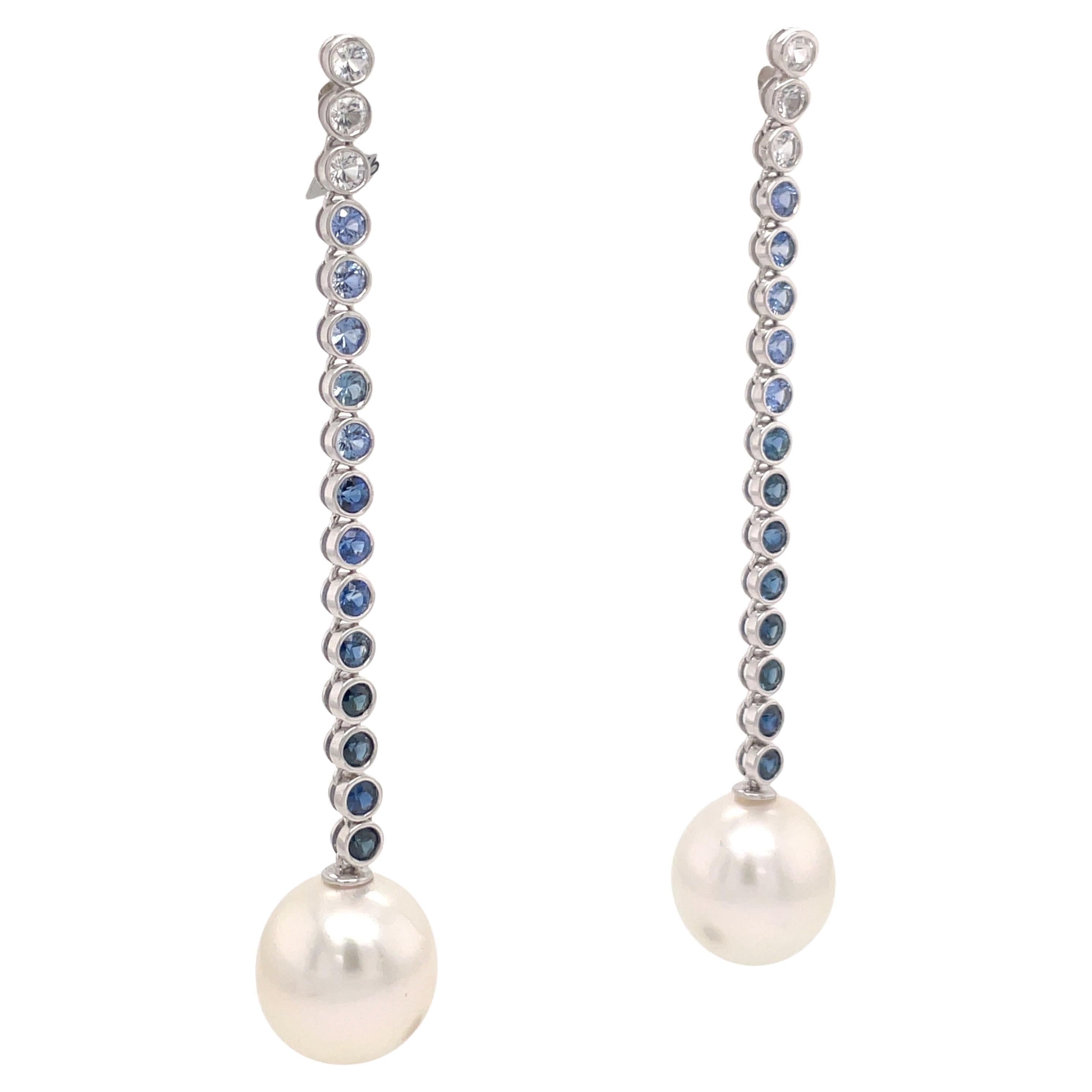 Pendants d'oreilles Ombres de saphir et perles des mers du Sud 2.24 CTS 13-14 MM Or blanc 18KT en vente 1