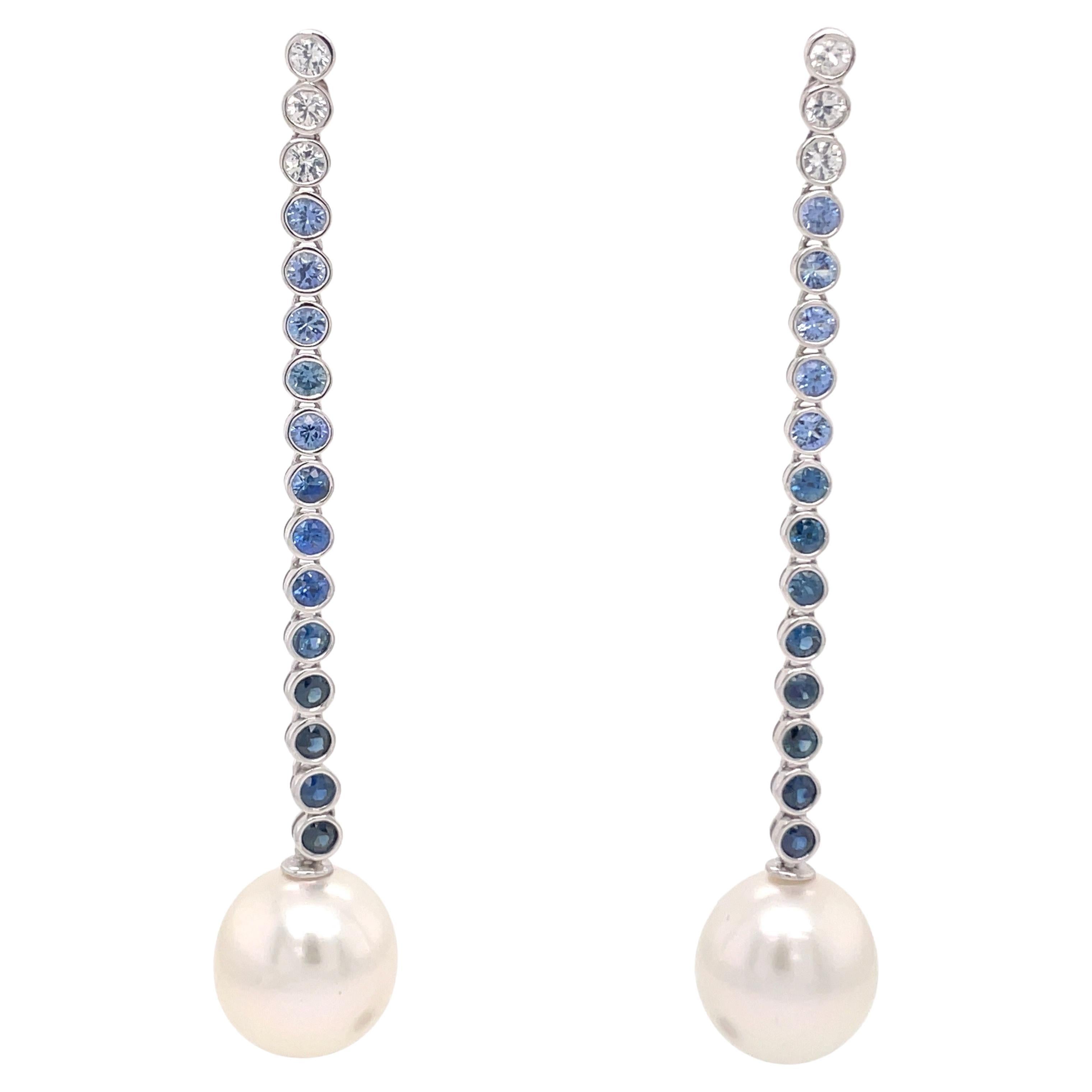 Sapphire Ombree South Sea Pearl Drop Earrings 2.24 CTS 13-14 MM 18KT White Gold