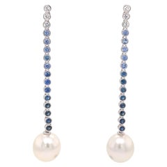 Sapphire Ombree South Sea Pearl Drop Earrings 2.24 CTS 13-14 MM 18KT White Gold