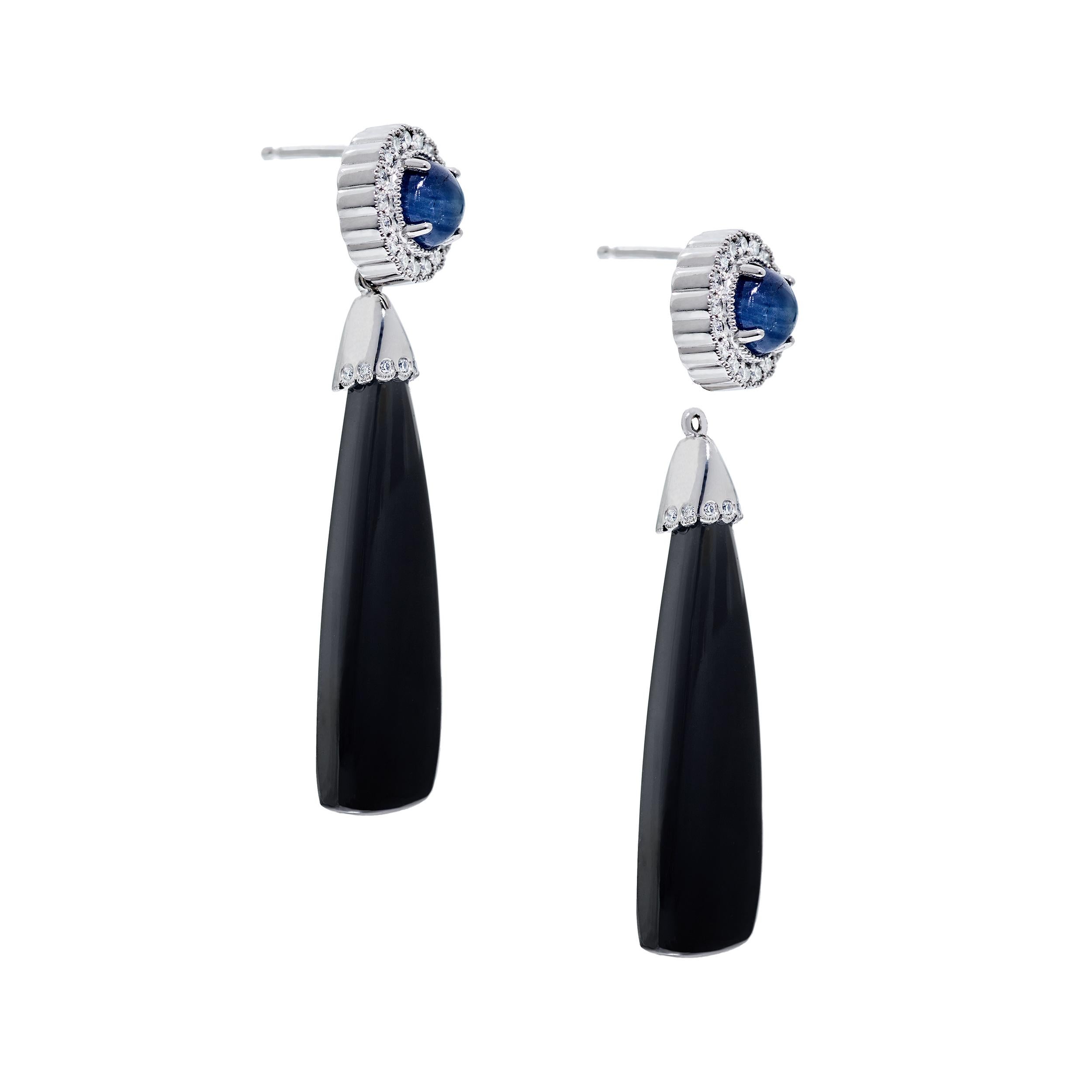 These earrings are detachable, so they can be worn 2 ways!  It's like getting 2 completely different earrings in 1.

Matched Trillion-shaped Onyx Drops Measure:  10 x 35 mm
Sapphire Cabochon Weigh:  2.64 Carats
Diamonds Weight Approximately:  0.50
