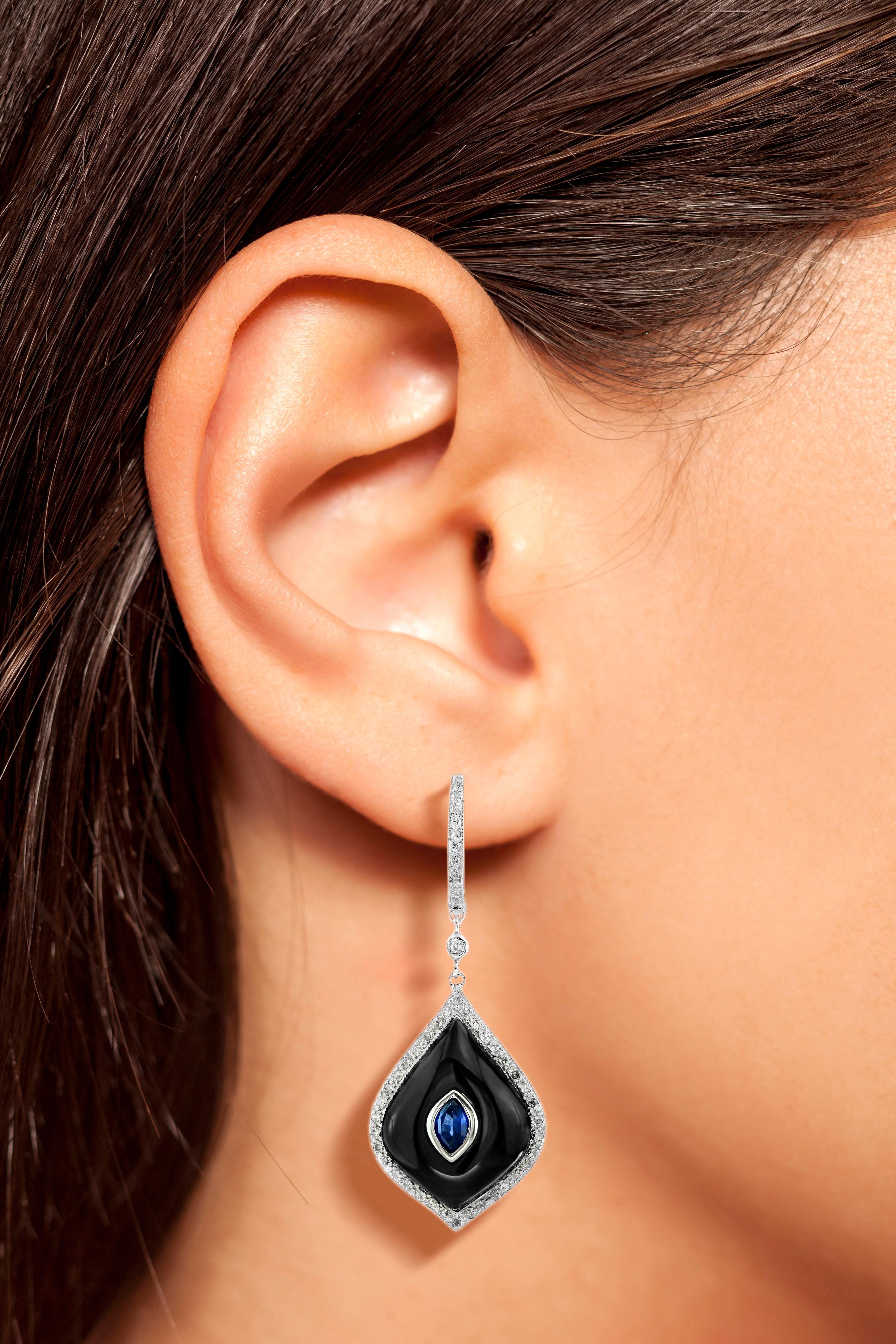 Sapphire Onyx Diamond Marquise Shape Dangle Earrings in 14K White Gold In New Condition For Sale In Bangkok, TH