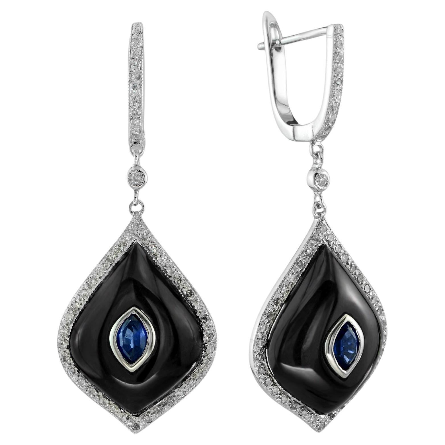 Sapphire Onyx Diamond Marquise Shape Dangle Earrings in 14K White Gold For Sale