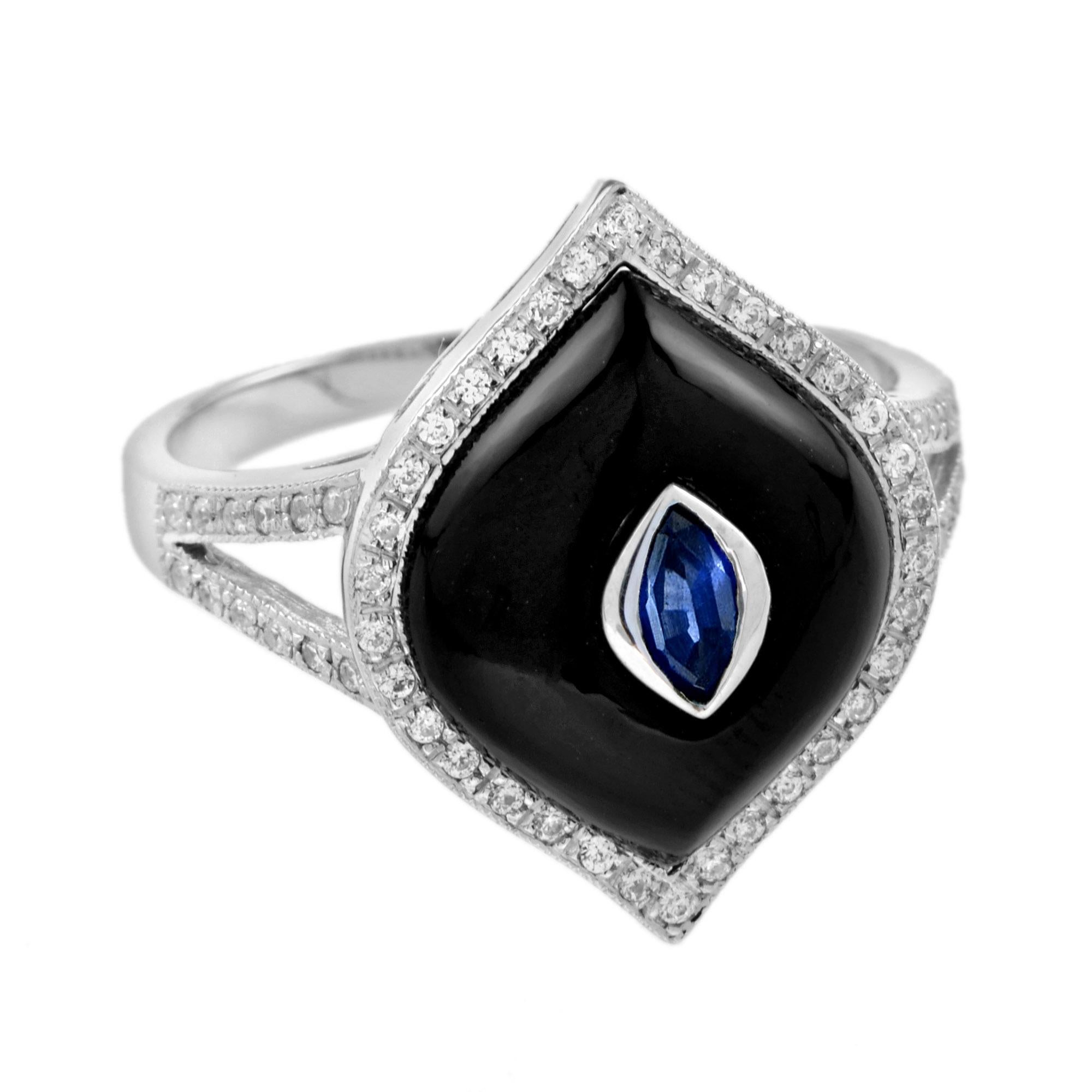 For Sale:  Sapphire Onyx Diamond Marquise Shape Split Shank Ring in 14K White Gold 2