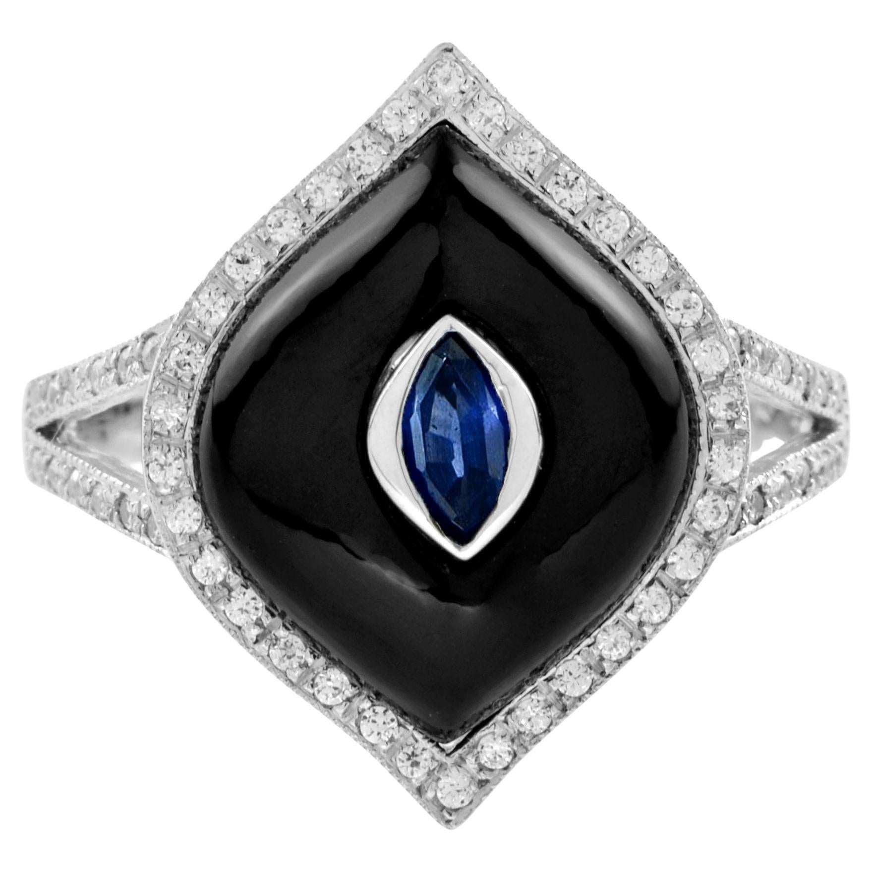 For Sale:  Sapphire Onyx Diamond Marquise Shape Split Shank Ring in 14K White Gold