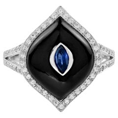 Sapphire Onyx Diamond Marquise Shape Split Shank Ring in 14K White Gold