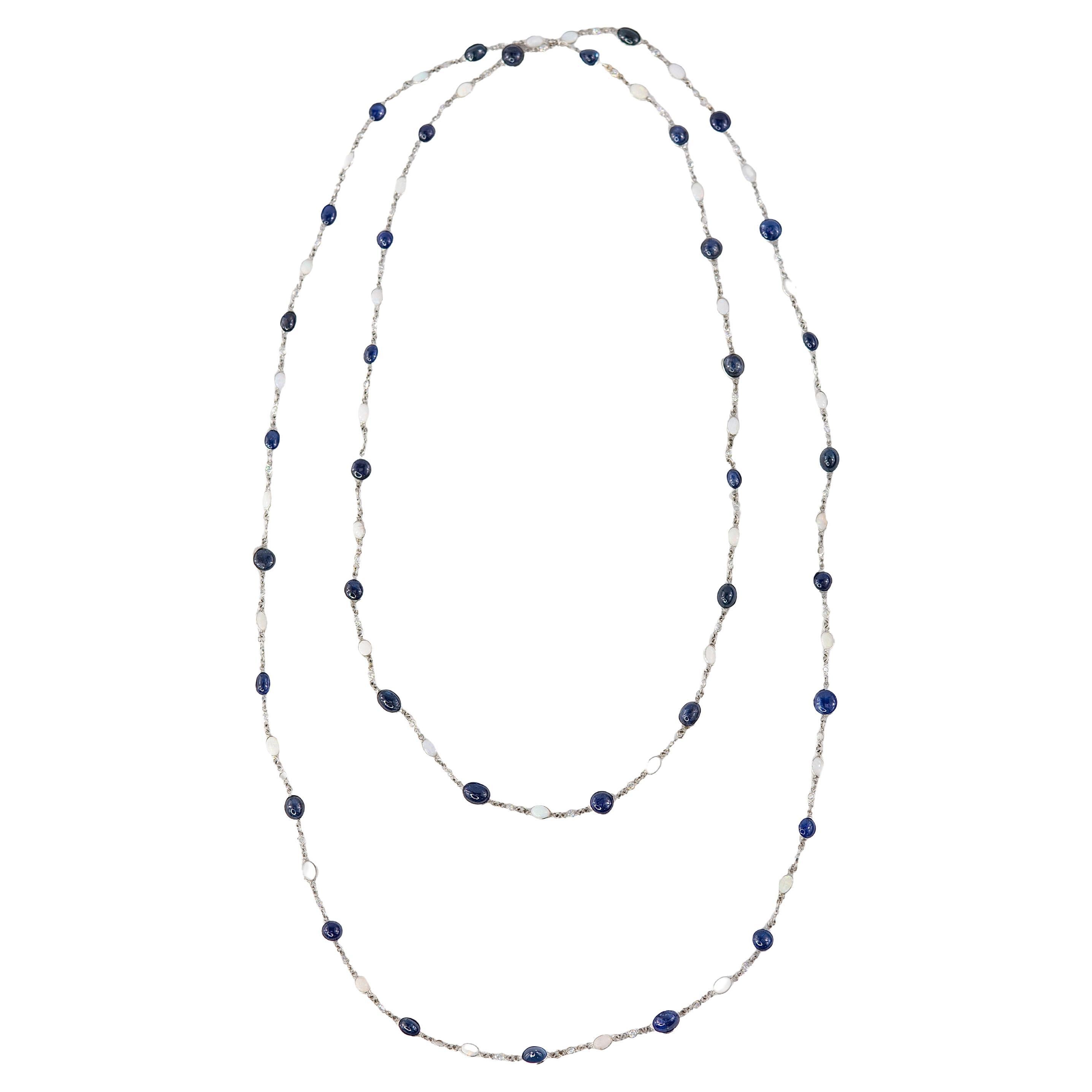 Collana lunga con zaffiro, opale e diamante