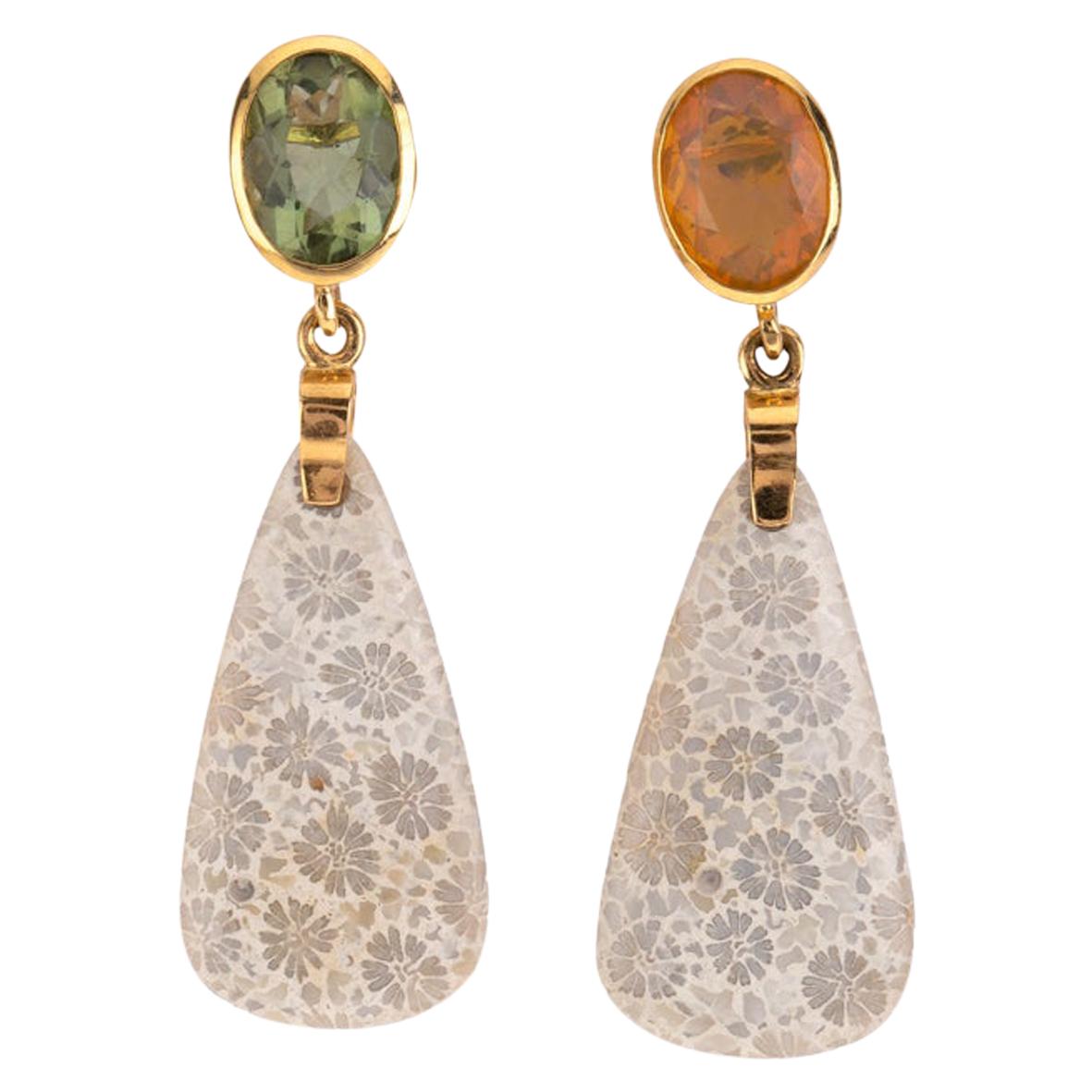 Sapphire Opal Coral 18 Karat Gold Earring