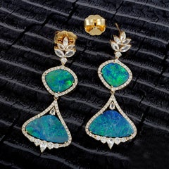 Sapphire & Opal Dangle Earring with Pave Diamond Made in 18k Gold
