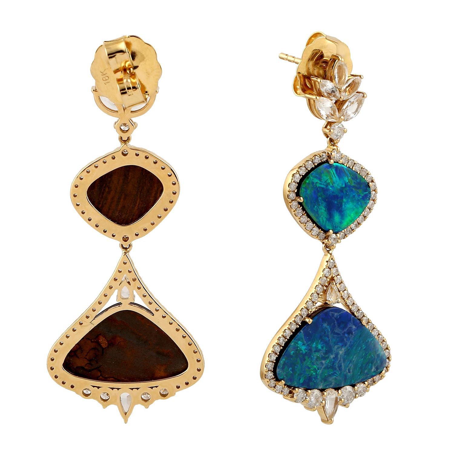 Art Deco Sapphire & Opal Dangle Earring with Pave Diamond Made in 18k Gold For Sale
