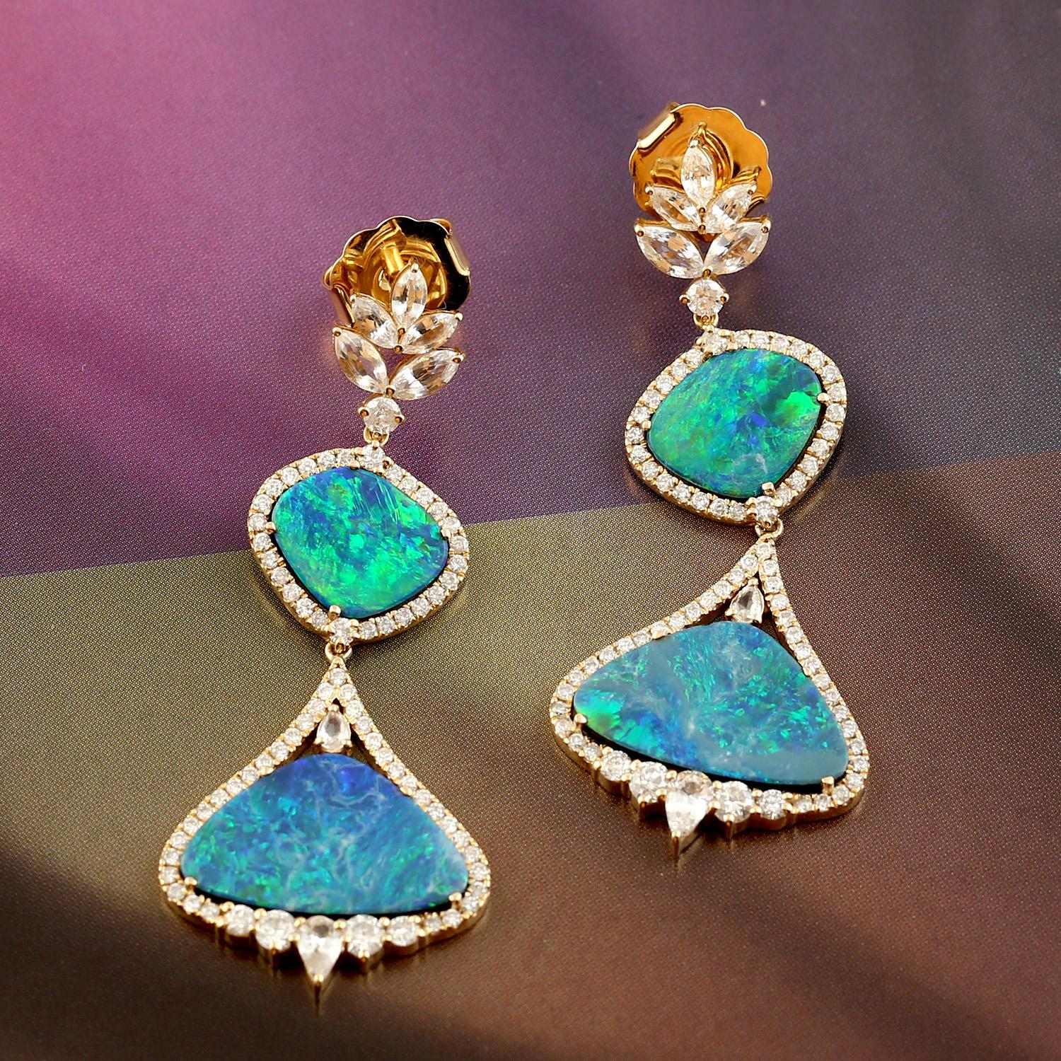 Mixed Cut Sapphire & Opal Dangle Earring with Pave Diamond Made in 18k Gold For Sale