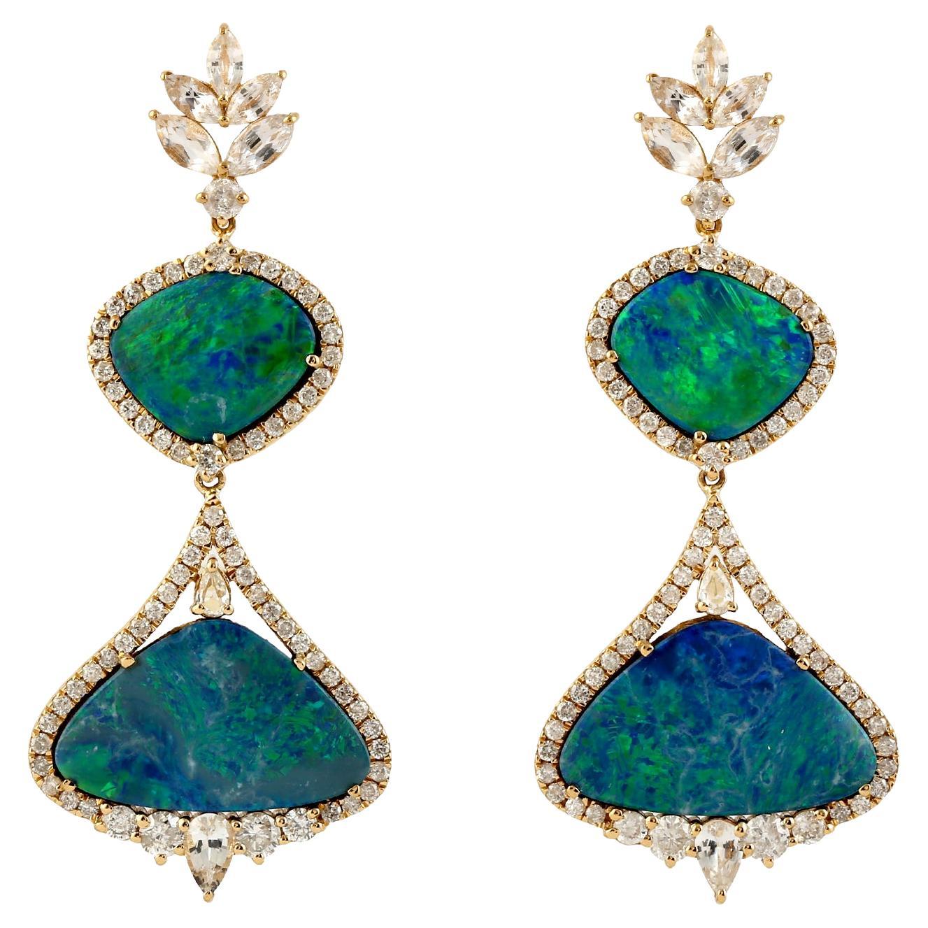 Sapphire & Opal Dangle Earring with Pave Diamond Made in 18k Gold