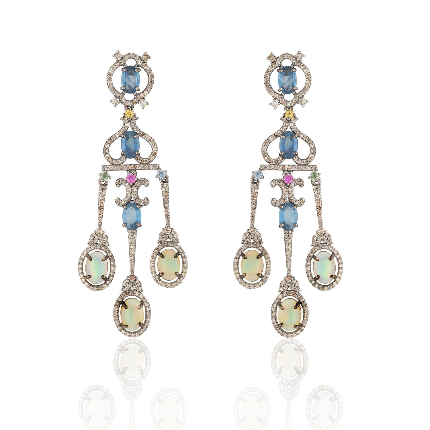 High Victorian Sapphire, Opal & Diamond Chandelier Earrings
