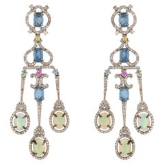 Boucles d'oreilles chandelier en saphir, opale et diamant