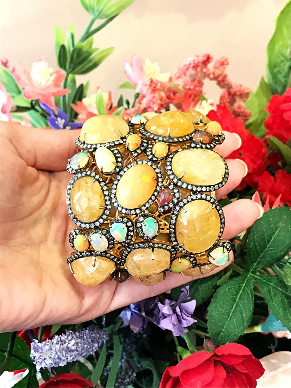 Women's Sapphire, Opal & Diamond Wide Bracelet in 18K Gold with Black Rhodium For Sale
