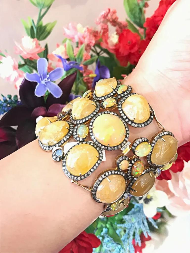 Sapphire, Opal & Diamond Wide Bracelet in 18K Gold with Black Rhodium For Sale 1
