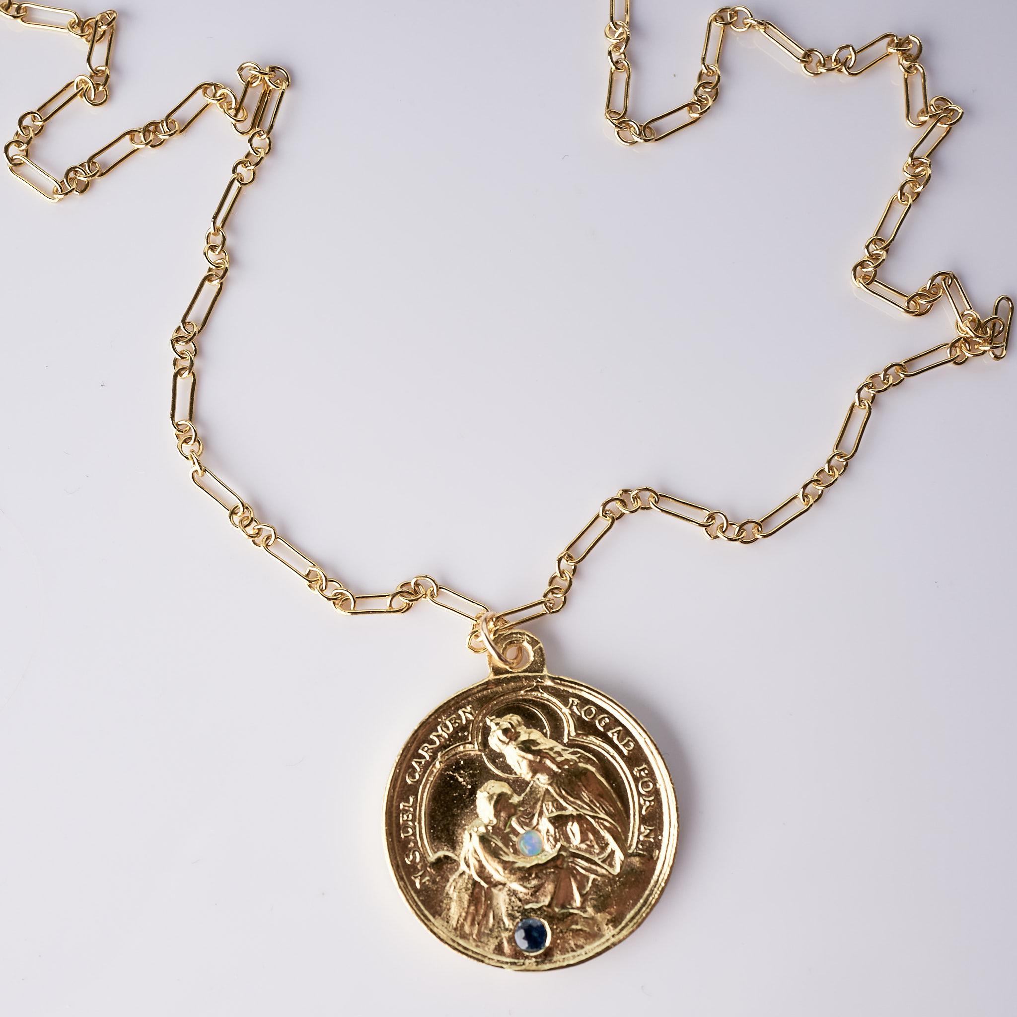 Contemporary Sapphire Opal Medal Chain Necklace Religious Gold Tone J Dauphin For Sale