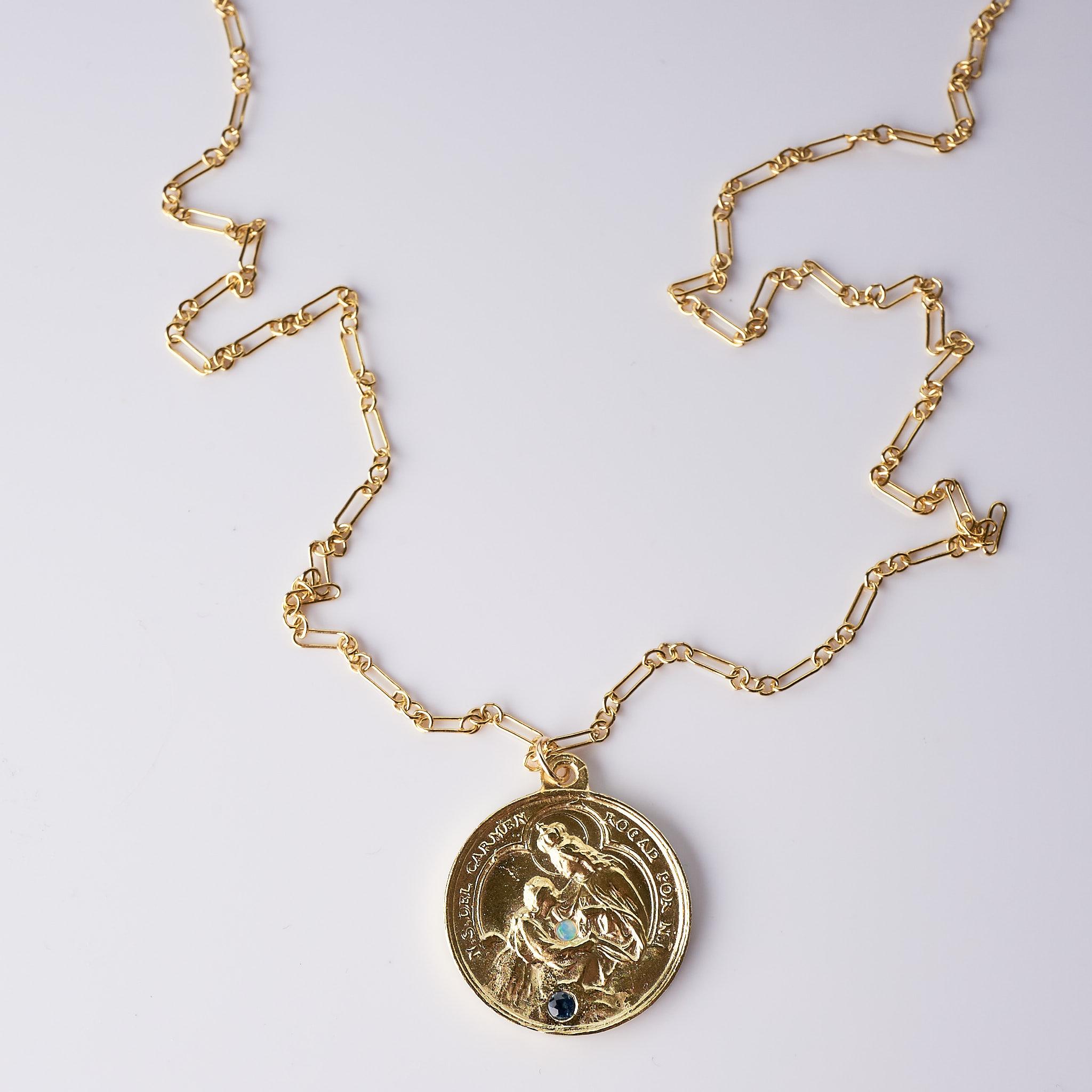 Diamant-Saphir-Opal-Medaillon-Halskette Religiöses Goldton J Dauphin im Angebot 2