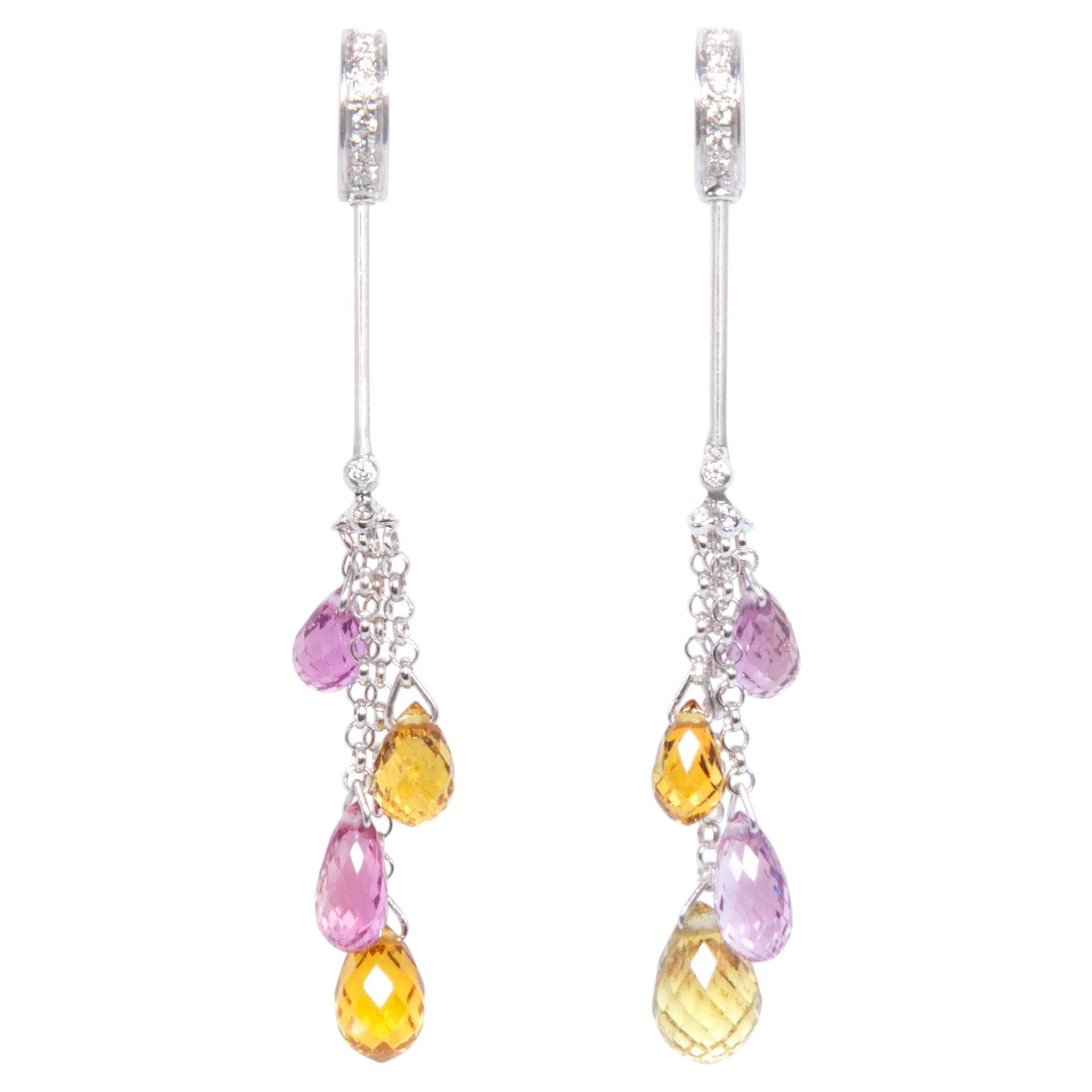 Sapphire Pastel Briolette Diamond Drop Earrings Design by Ella Gafter For Sale