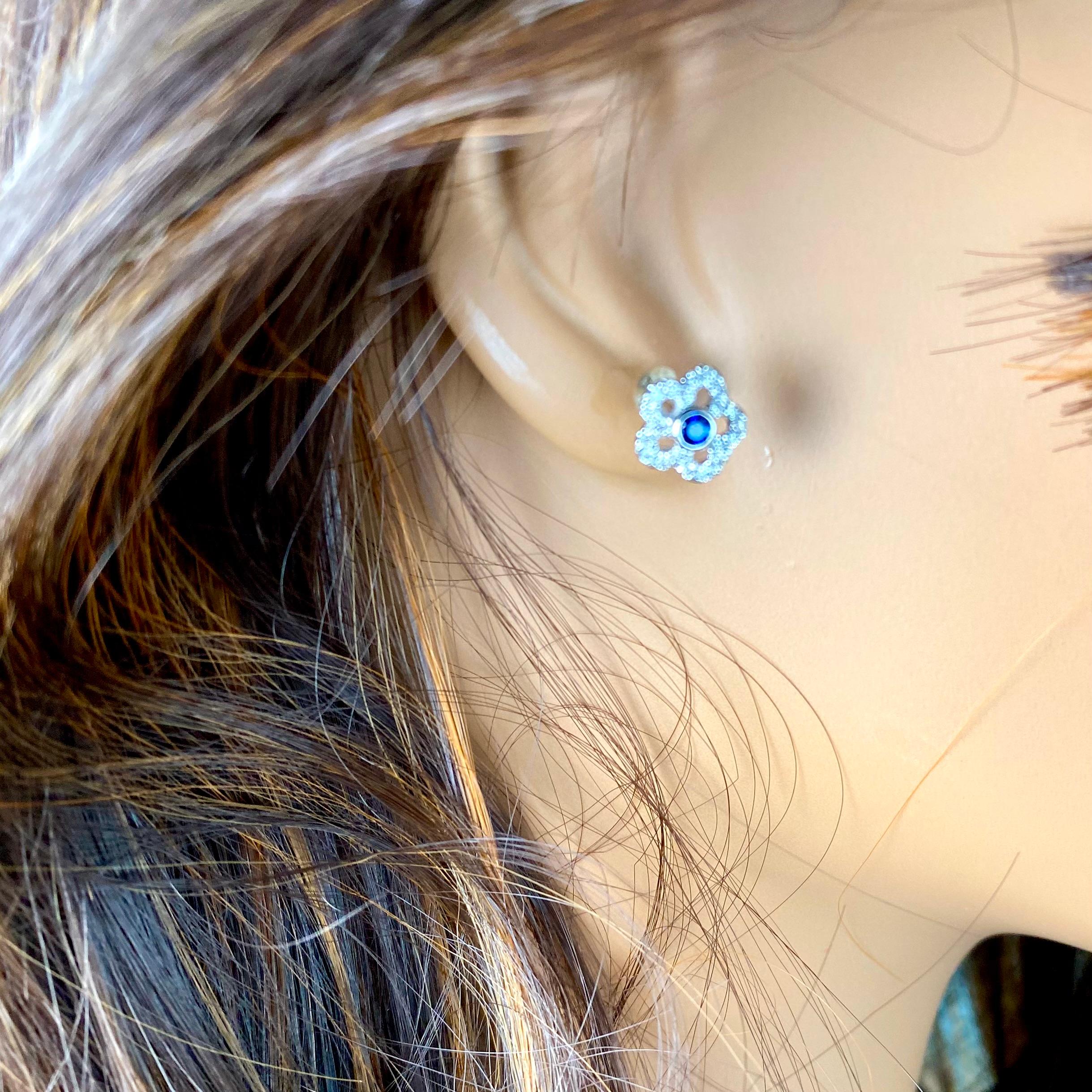 Women's Sapphire Diamond 1.50 Carats Cluster Floral 14 Karat Gold 0.40 Inch Earrings For Sale