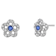 Sapphire Diamond 1.50 Carats Cluster Floral 14 Karat Gold 0.40 Inch Earrings