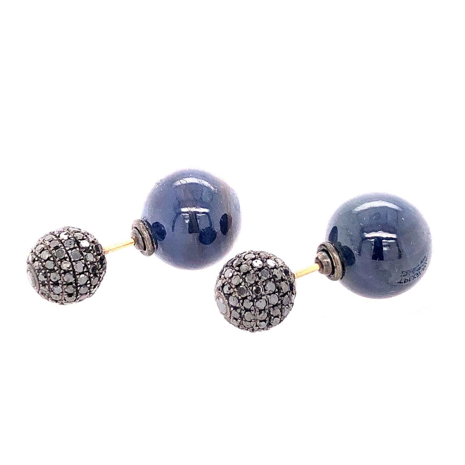 Artisan Sapphire & Pave Diamond Ball Tunnel Earrings Made in 14k Gold & Silver For Sale