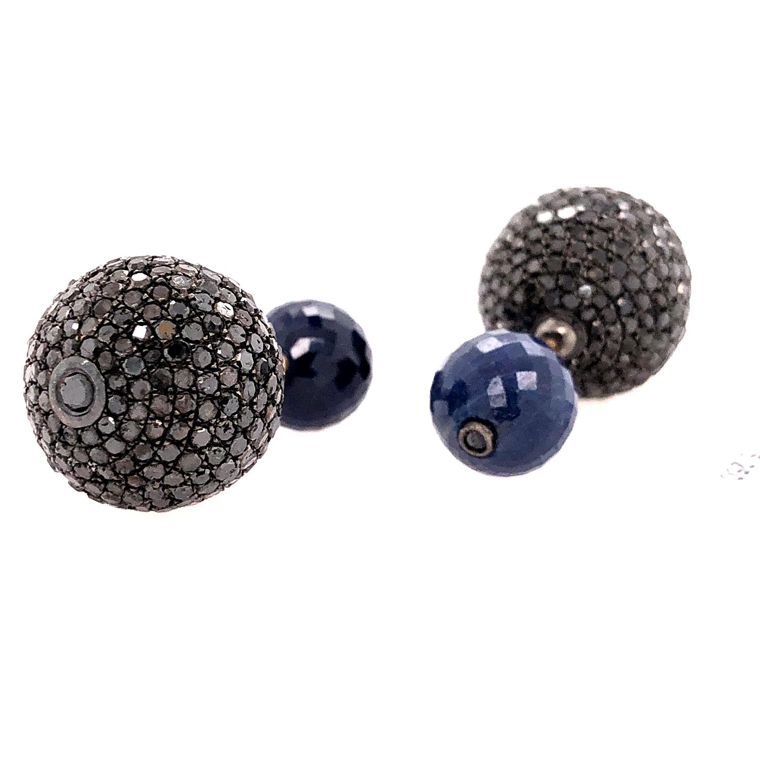 Artisan Sapphire & Pave Diamond Ball Tunnel Earrings Made in 14k Gold & Silver For Sale