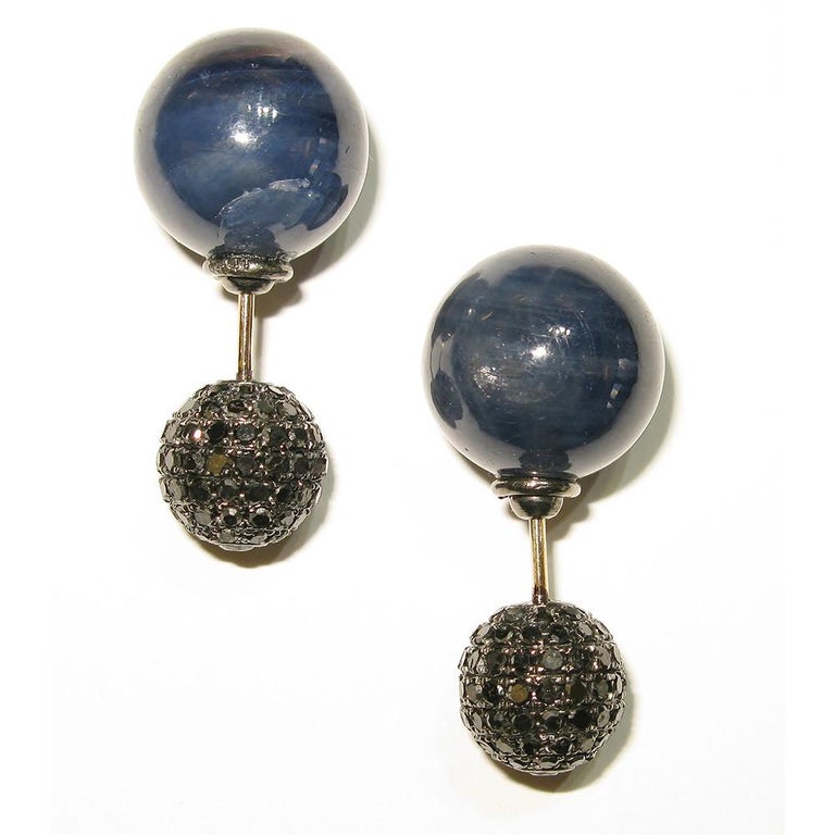 Sapphire and Pave Diamond Ball Tunnel Earrings Made in 14k Gold and