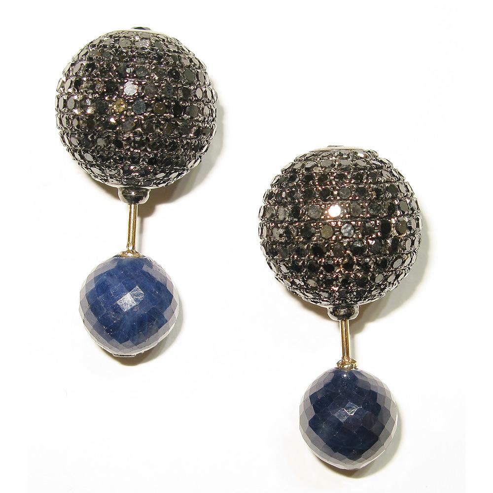 Sapphire & Pave Diamond Ball Tunnel Earrings Made in 14k Gold & Silver In New Condition For Sale In New York, NY