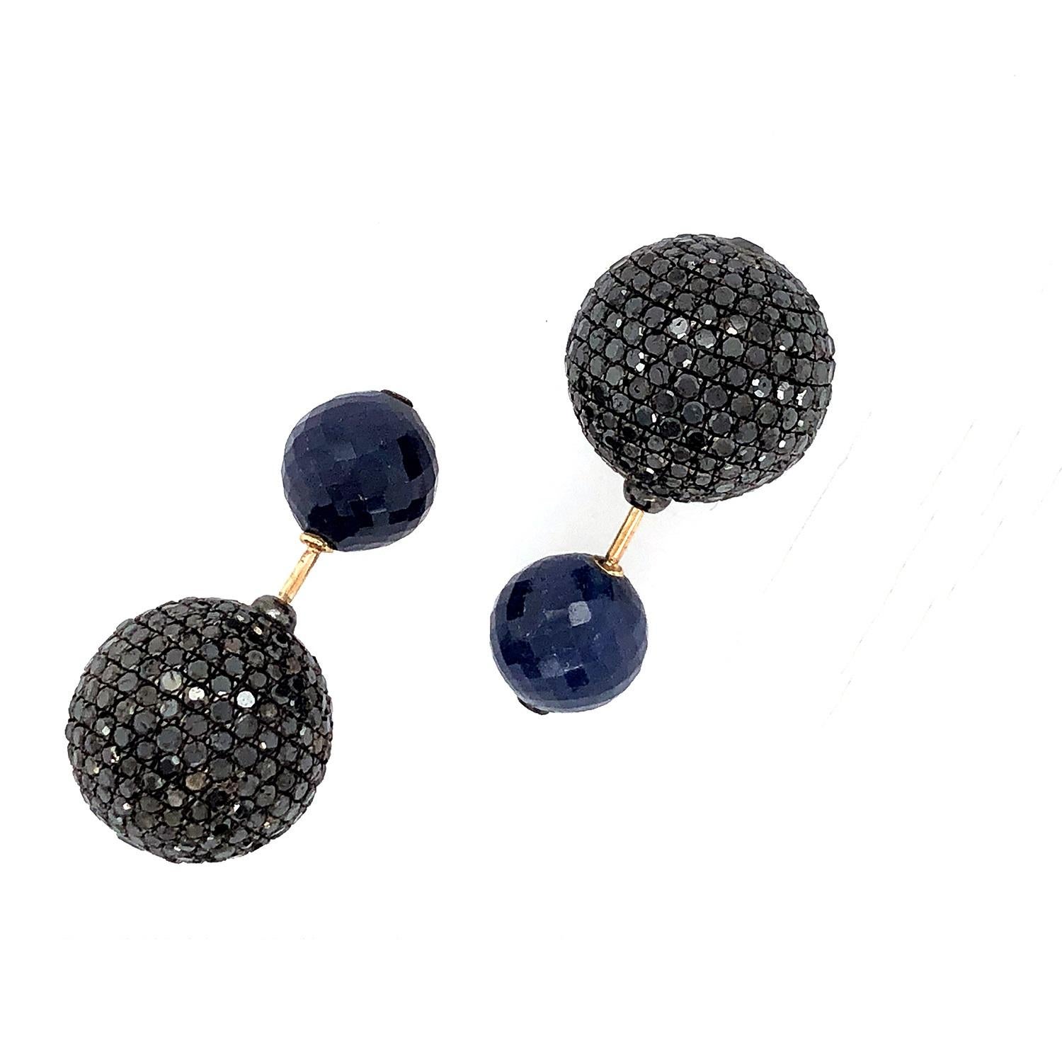 Women's Sapphire & Pave Diamond Ball Tunnel Earrings Made in 14k Gold & Silver For Sale