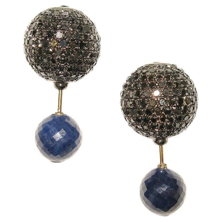 Sapphire and Pave Diamond Ball Tunnel Earrings Made in 14k Gold and