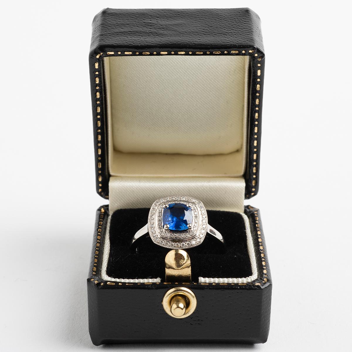 Mixed Cut Sapphire and Pave Diamond Double Halo Ring, Hallmarked London 2013 For Sale
