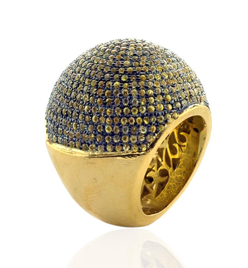 Artisan Pave Sapphire Cocktail Ring with Filigree Work in 18k Gold & Silver For Sale