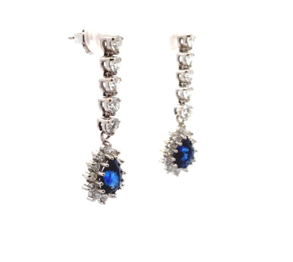 2.96 Carat Sapphire Pear Shaped Drop Earrings with Diamonds in 14k White Gold For Sale 2