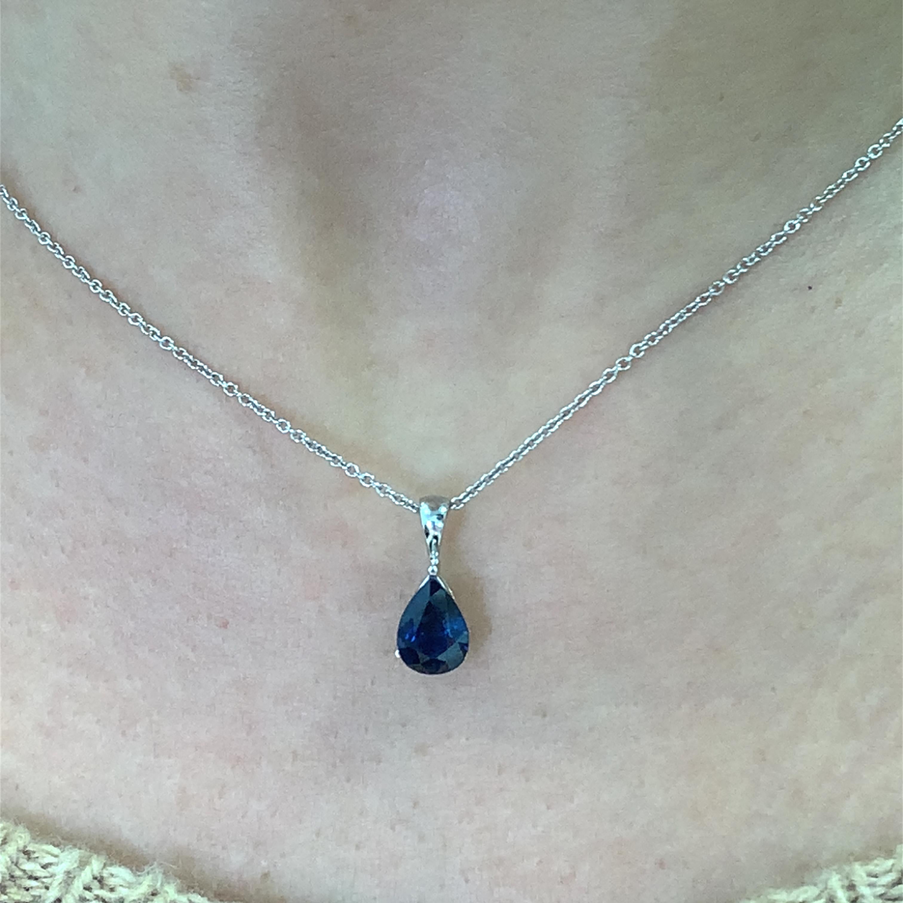 Discover the timeless beauty of this elegant teardrop sapphire pendant necklace. Crafted in 18k white gold on 18 inches chain with precision, the deep blue 1.65ct sapphire gemstone captures light beautifully, making it a stunning accessory for any