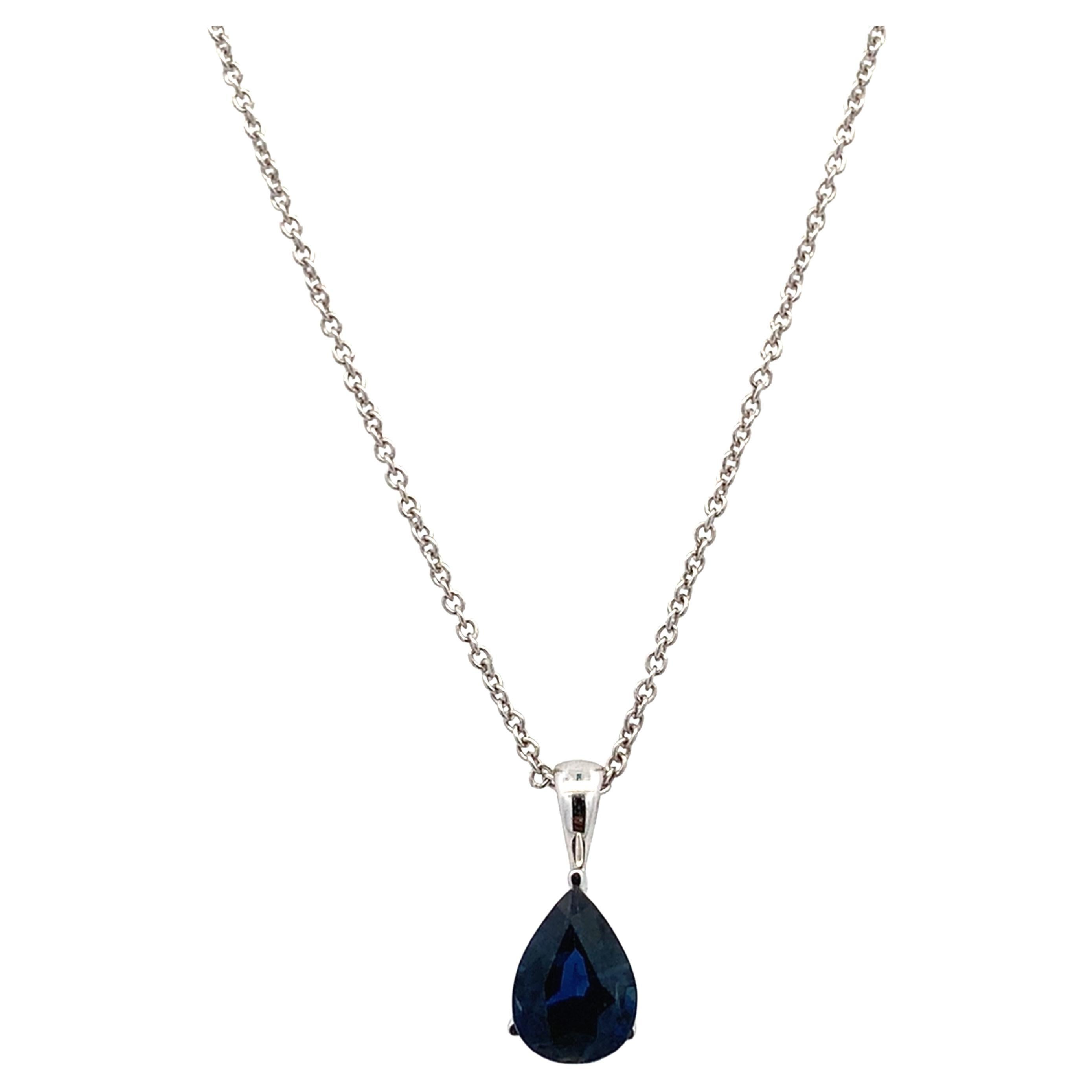 Sapphire pear shaped pendant necklace 18k white gold