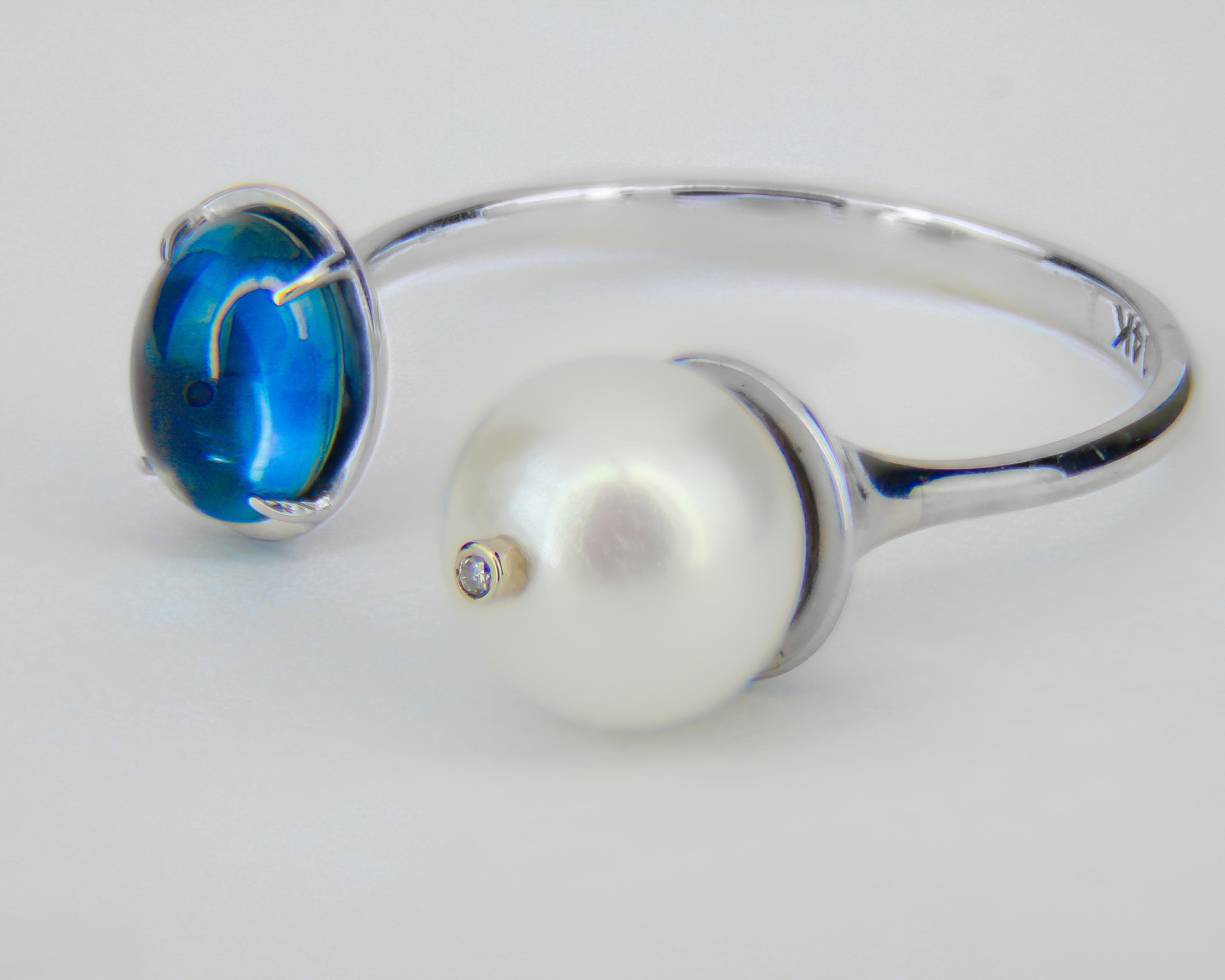 Cabochon Sapphire, pearl 14k gold ring.  For Sale