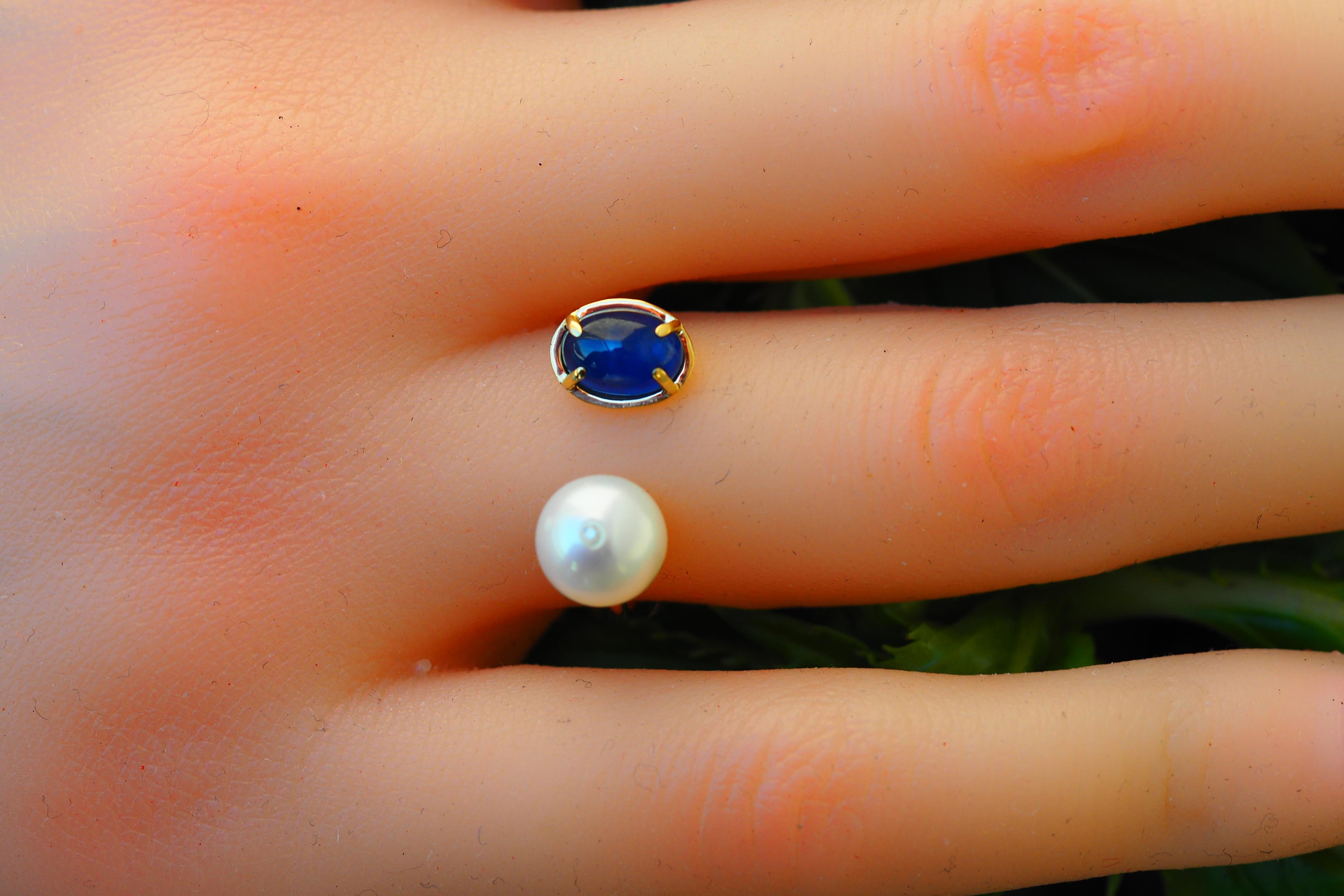 Sapphire, pearl 14k gold ring.  For Sale 3