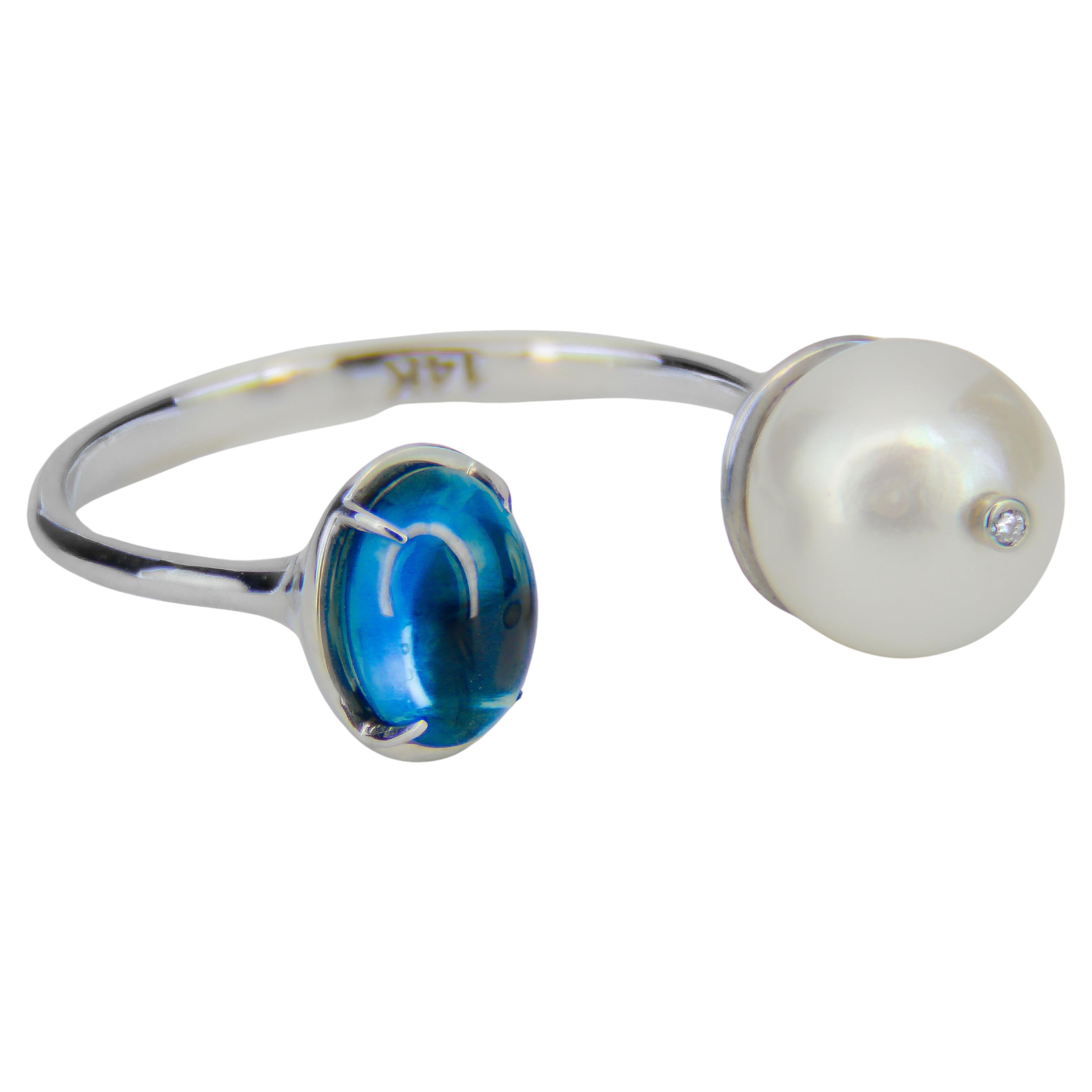 Sapphire, pearl 14k gold ring. 