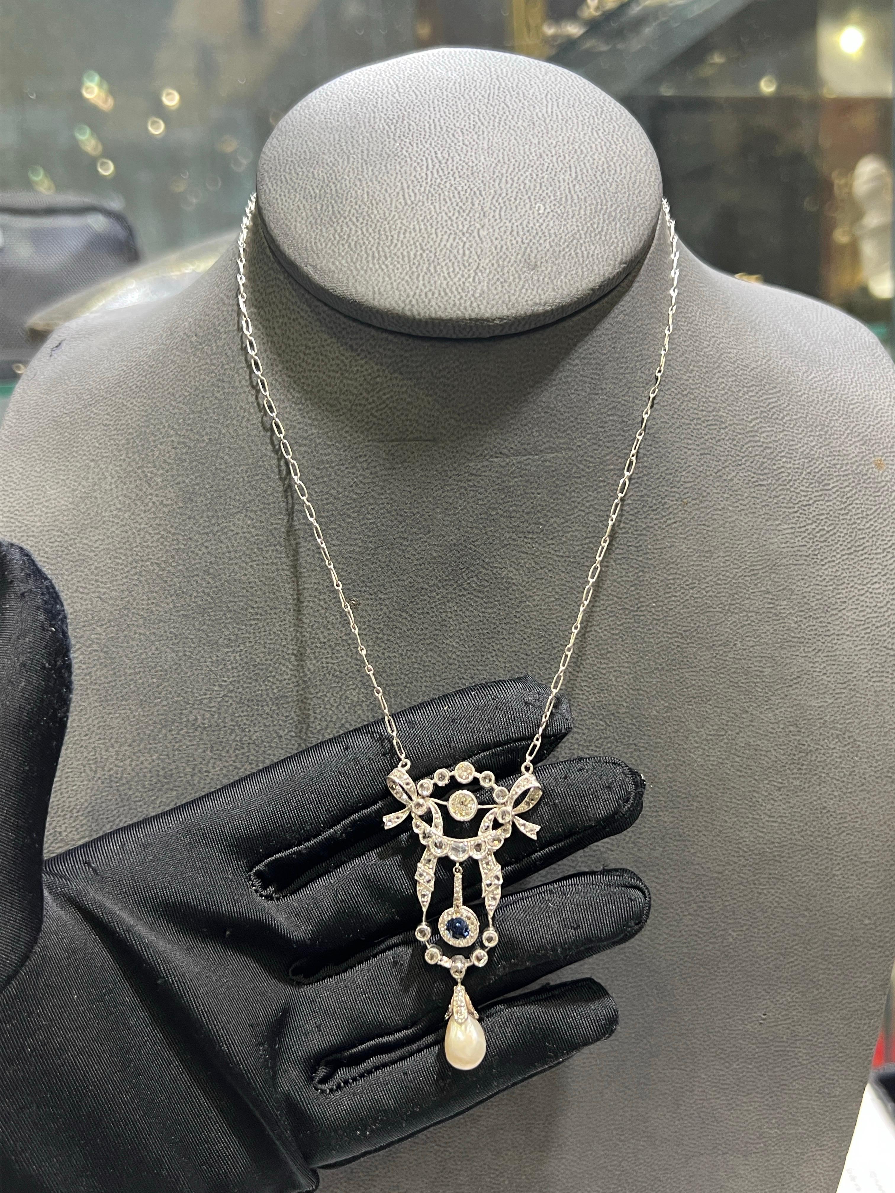 Mixed Cut Sapphire Pearl and Diamond Pendant Necklace For Sale