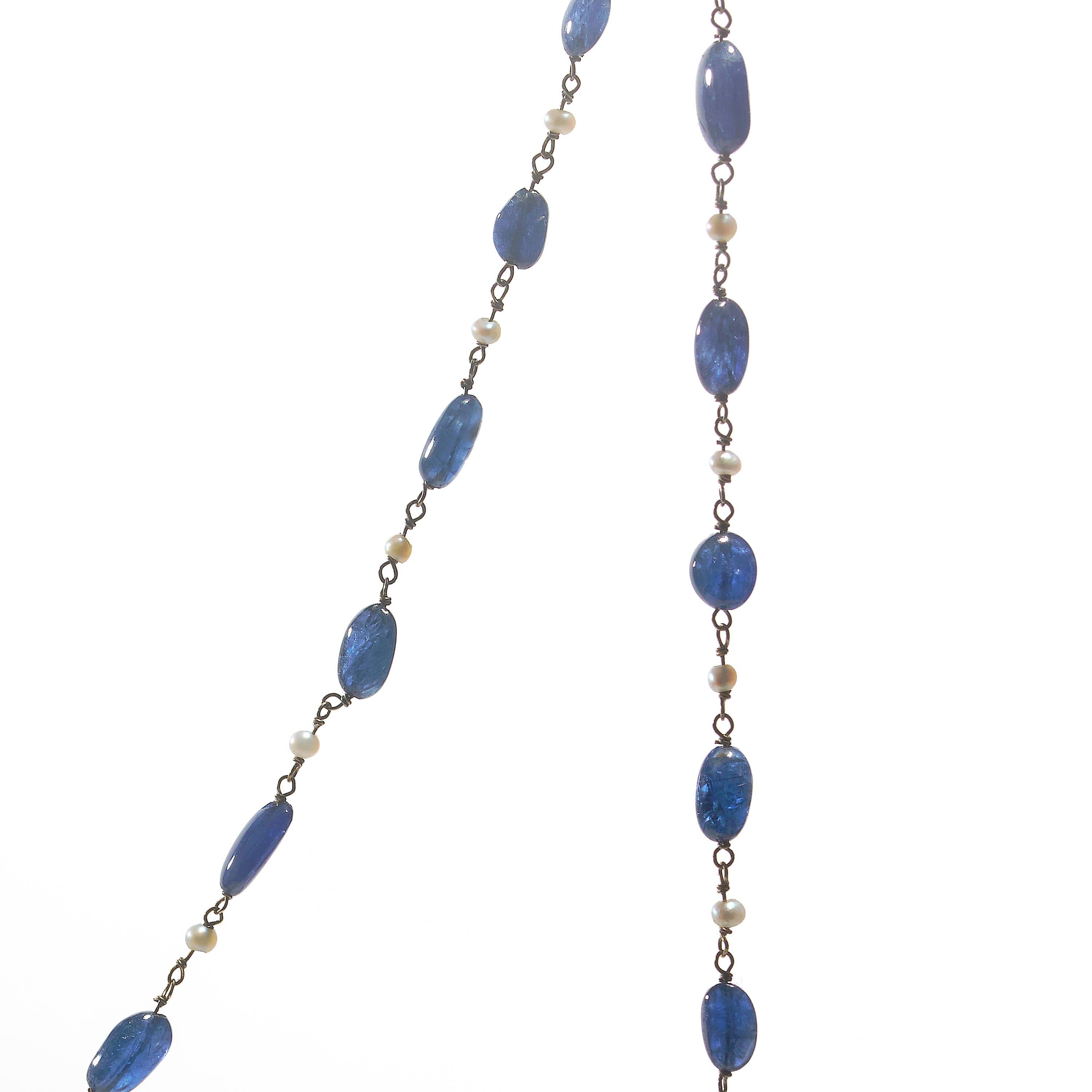 Modern Sapphire, Pearl And White Gold Long Chain Necklace For Sale
