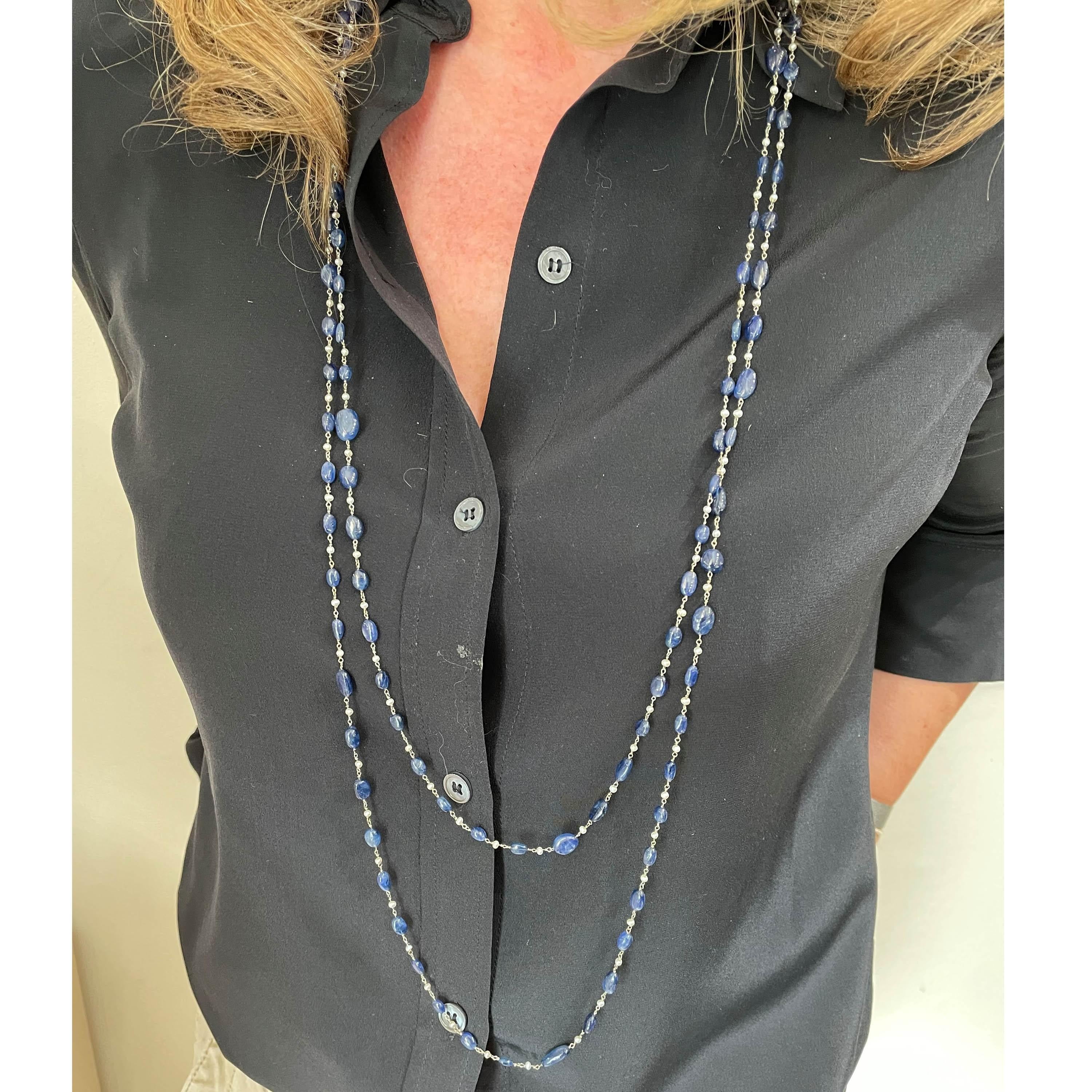 Cabochon Sapphire, Pearl And White Gold Long Chain Necklace For Sale