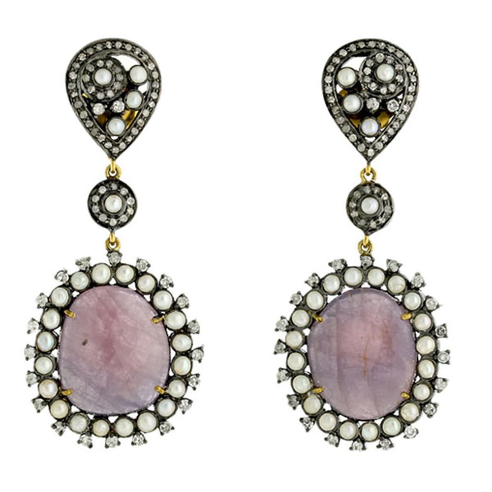 Mixed Cut Sapphire & Pearl Dangle Earrings with Diamonds Made in 18k Yellow Gold & Silver For Sale