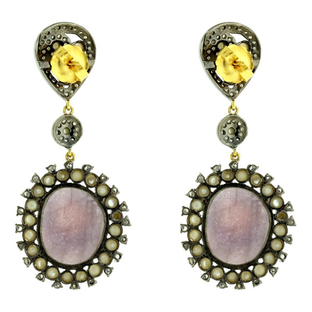 Sapphire & Pearl Dangle Earrings with Diamonds Made in 18k Yellow Gold & Silver In New Condition For Sale In New York, NY