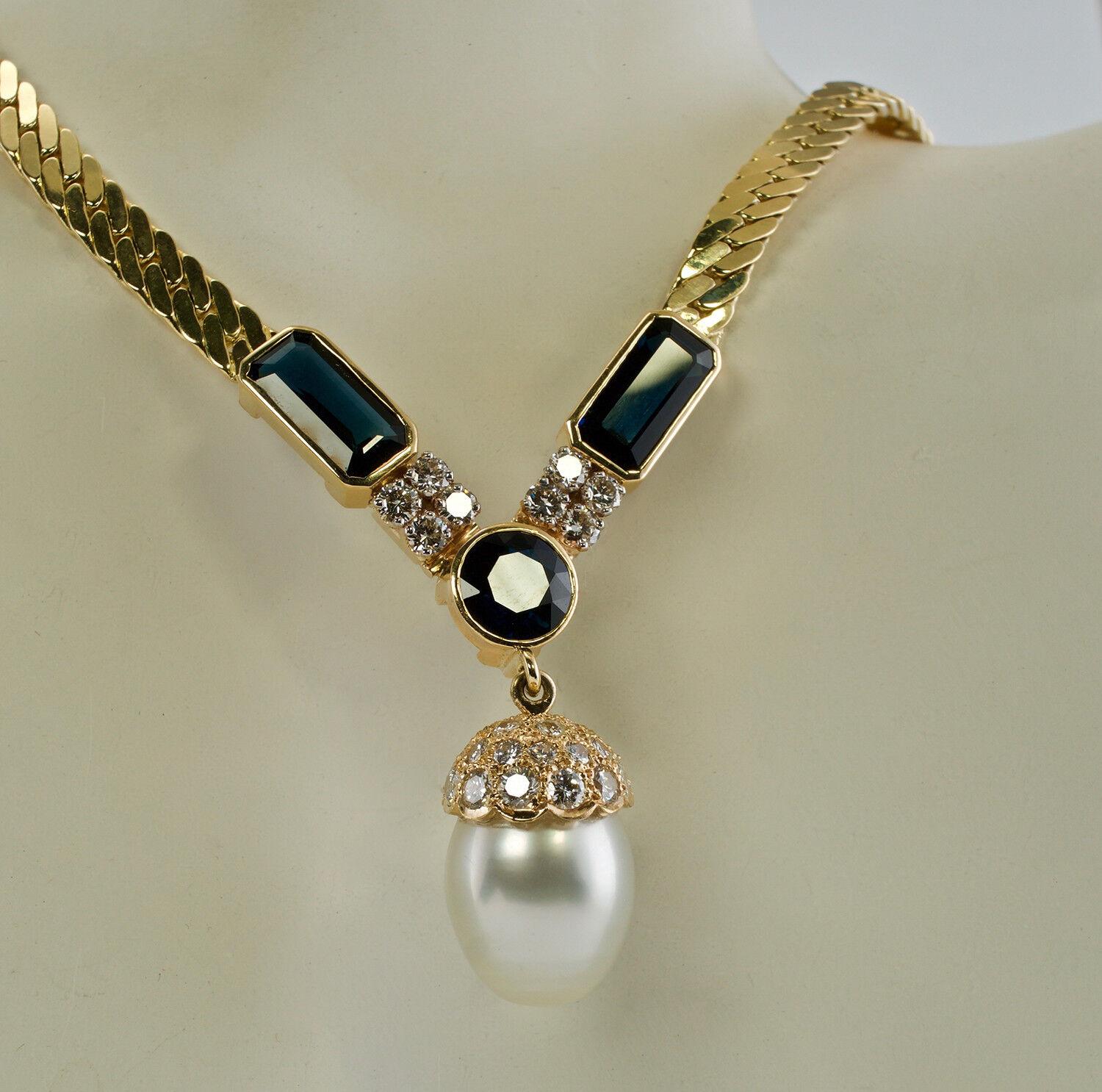 Sapphire Pearl Diamond Necklace 14K Gold by Uno A Erre Italian In Good Condition For Sale In East Brunswick, NJ
