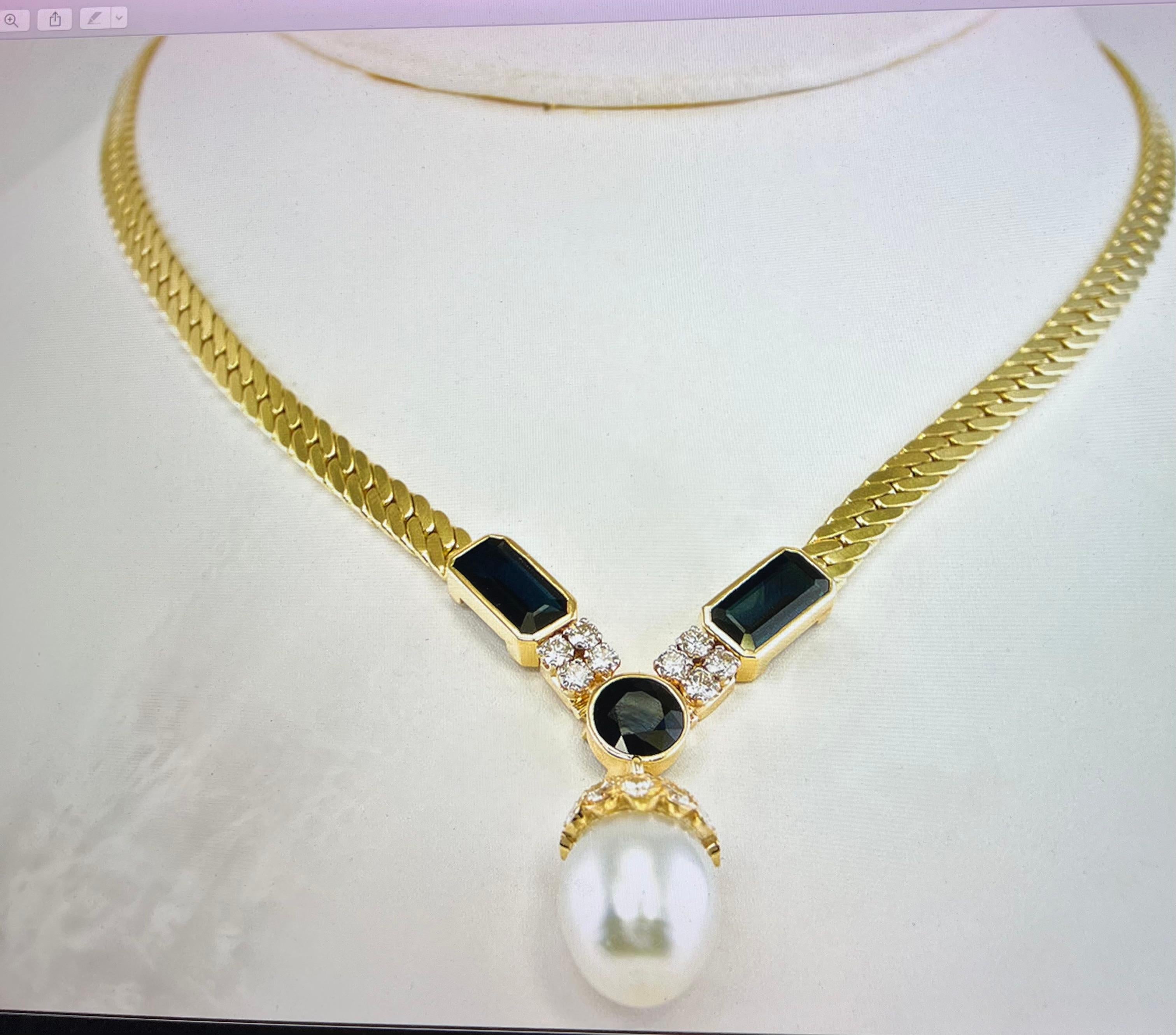 Sapphire Pearl Diamond Necklace 14K Gold by Uno A Erre Italian In Good Condition In East Brunswick, NJ