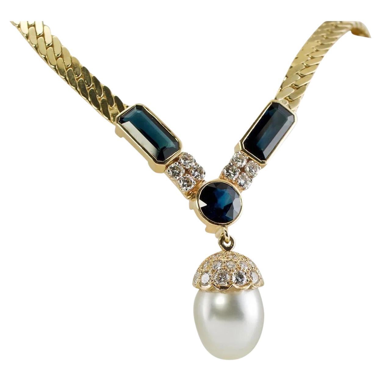Sapphire Pearl Diamond Necklace 14K Gold by Uno A Erre Italian For Sale